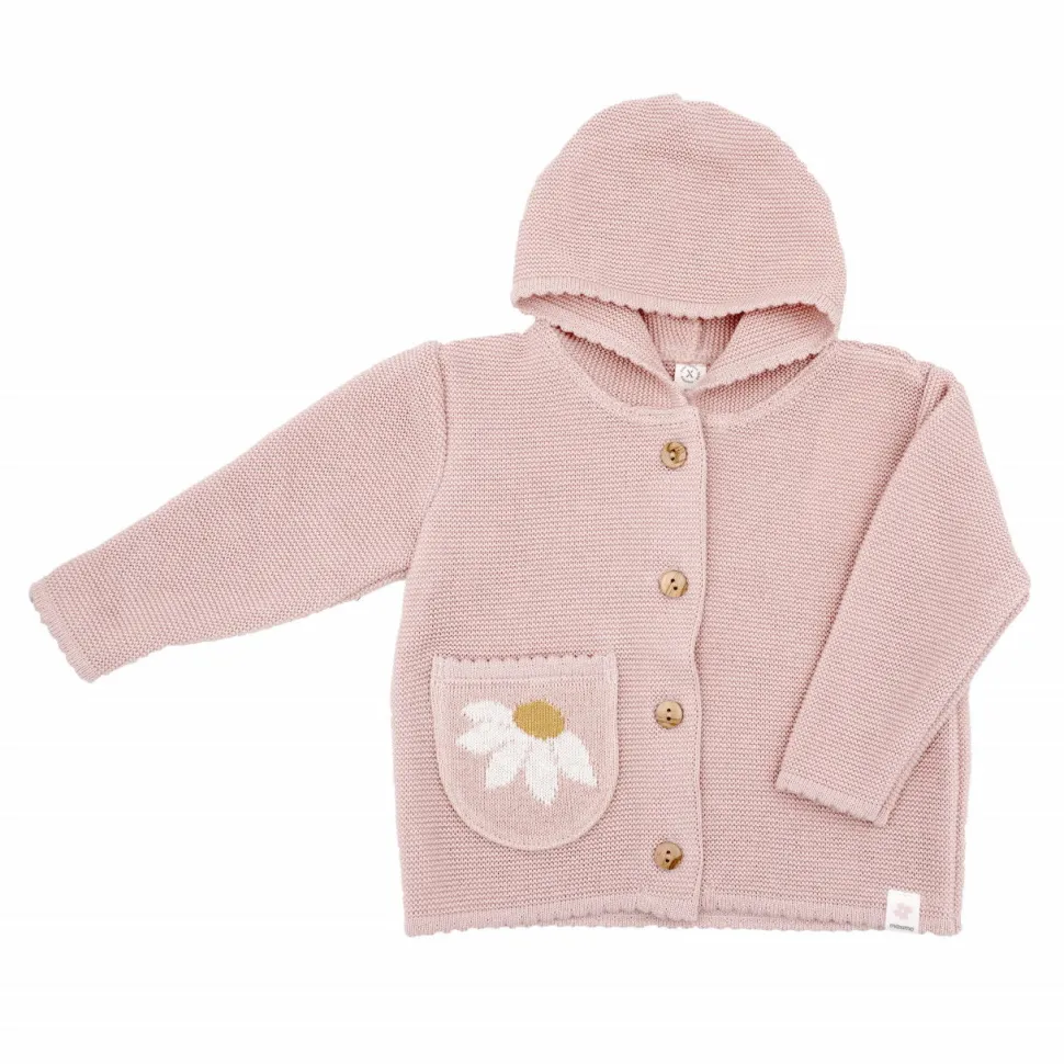 GOTS BABY GIRL-Strickjacke, Margerite, Tasche,Kapuze, Knöpfe