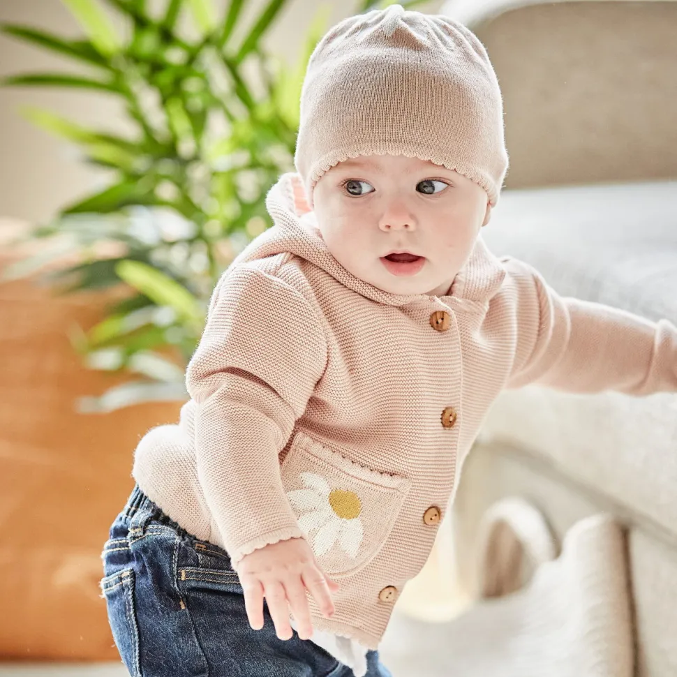 GOTS BABY GIRL-Strickjacke, Margerite, Tasche,Kapuze, Knöpfe