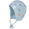 GOTS BABY-Mütze, ausgenäht Jersey bedruckt, Bindeband, Fleecefutter