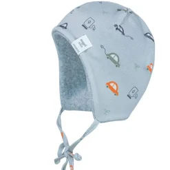 GOTS BABY-Mütze, ausgenäht Jersey bedruckt, Bindeband, Fleecefutter