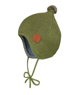 GOTS BABY-Mütze, ausgenäht LL, mit Spitze, Pompon, Futter