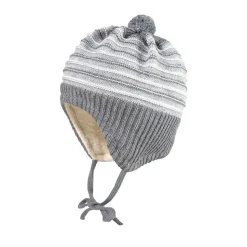 GOTS BABY-Mütze, ausgenäht Ripp-Ringel-Mix Teddyfutter, Pompon, Band