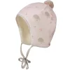 GOTS BABY-Mütze, Jersey bedr. Bindeband, Pompon, Teddyfutter
