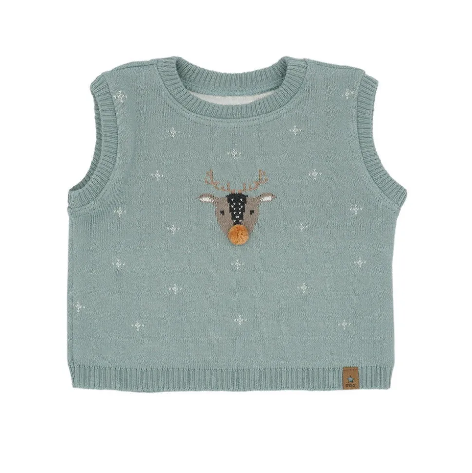 GOTS BABY-Pullunder Rentier Jacquard, Mini-Pompon