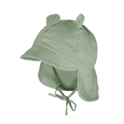 GOTS BABY-Schildmütze, Öhrchen Musselinstoff, Nackenschutz, Bindeband