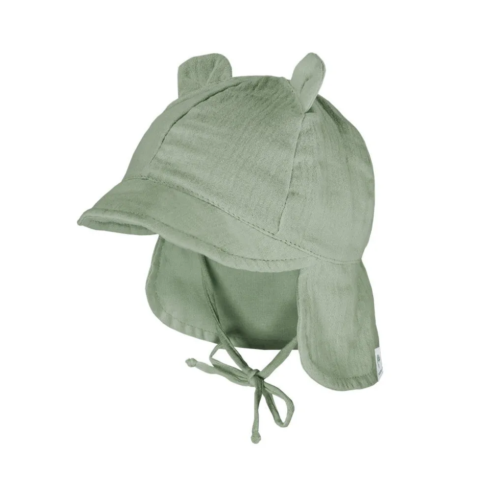 GOTS BABY-Schildmütze, Öhrchen Musselinstoff, Nackenschutz, Bindeband