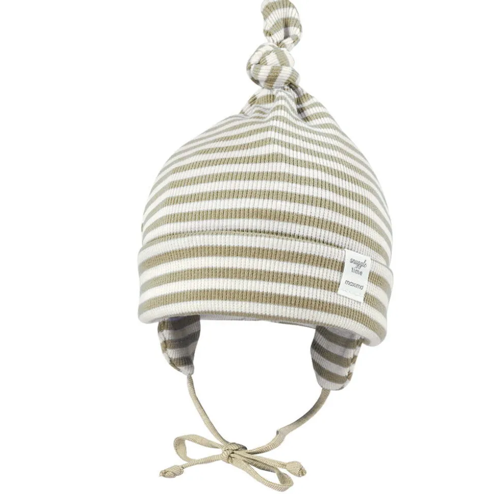 GOTS BABY-Zipfelmütze, Knoten Feinrippjersey geringelt, Ohrenklappen, Jerseyfutter