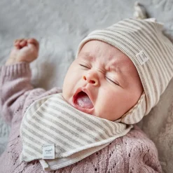 GOTS BABY-Zipfelmütze, Knoten Feinrippjersey geringelt, Ohrenklappen, Jerseyfutter