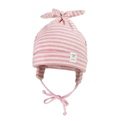 GOTS BABY-Zipfelmütze, Knoten Feinrippjersey geringelt, Ohrenklappen, Jerseyfutter