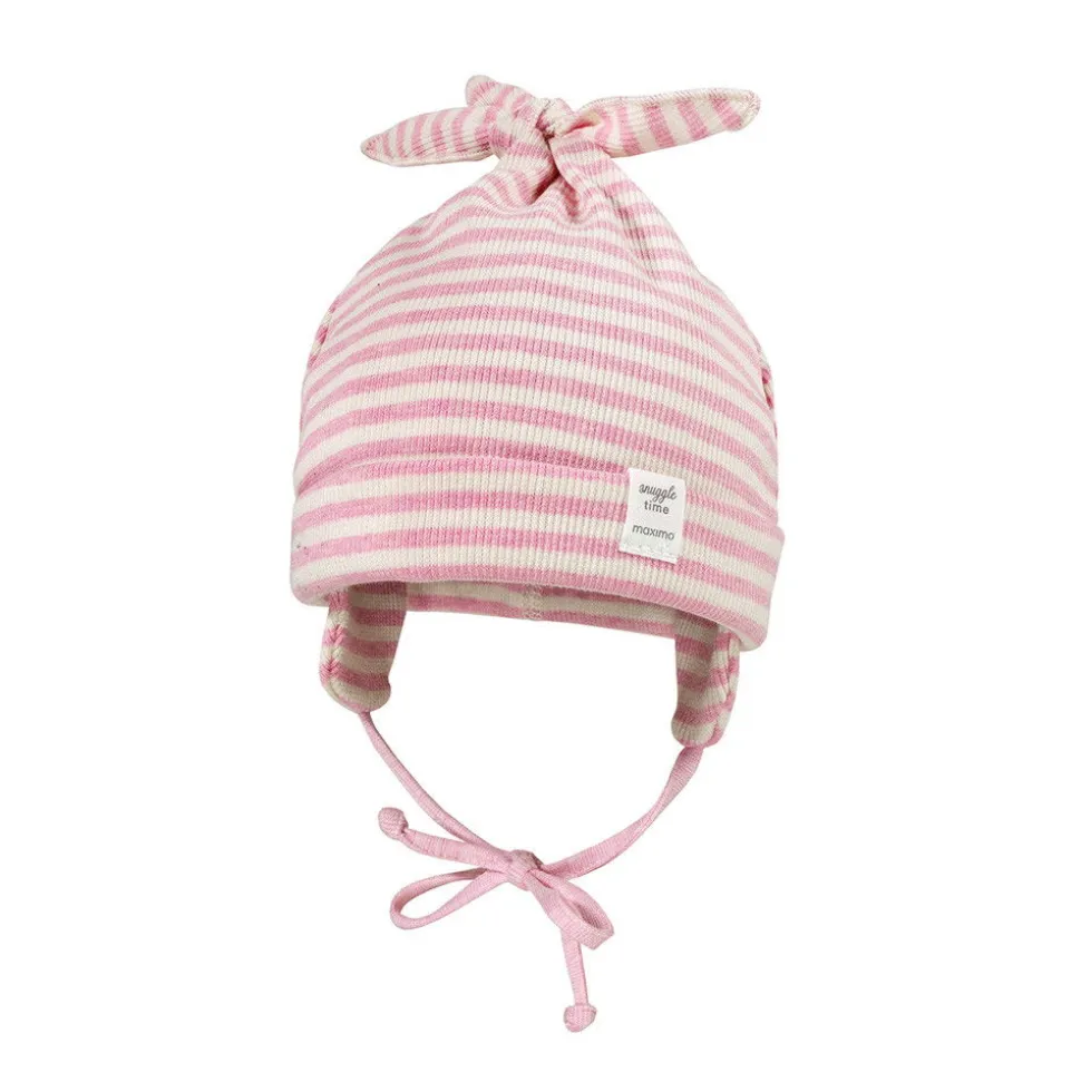 GOTS BABY-Zipfelmütze, Knoten Feinrippjersey geringelt, Ohrenklappen, Jerseyfutter